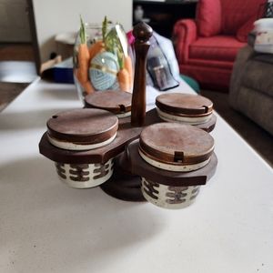 Vintage Wood & Stoneware Crock Condiment Caddy